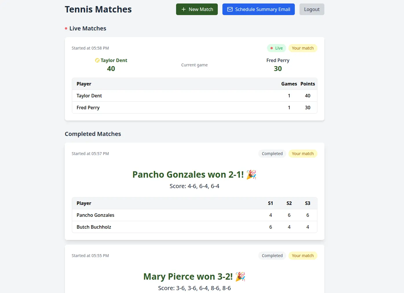 The logged-in interface of our tennis scoring app